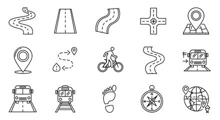 A curated collection of line art icons representing various modes of transportation and navigation, including winding roads, straight highways, crossroads, map pins, route paths, a cyclist, trains