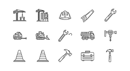 Set of minimalistic linear pictograms representing construction elements and tools, including cranes, buildings, heavy machinery like excavators and dump trucks, safety equipment such as hard hats