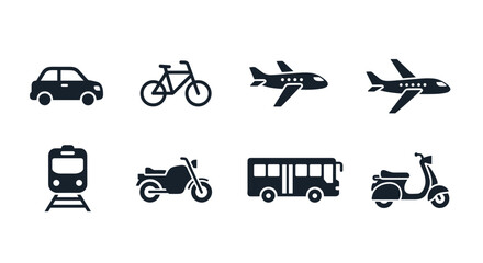Diverse collection of solid transport icons, including a car, bicycle, airplane, train, motorbike, bus, and scooter, presented as a clean, ordered line icon set on a dark background, perfect for