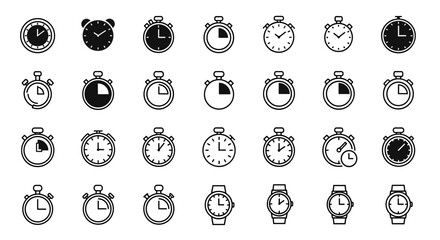 Collection of black clock, stopwatch, timer, and watch icons, presented in an ordered line on a white background, offering a versatile set of timekeeping symbols for various design applications and