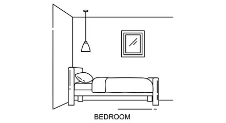 Minimalist line art illustration of a bedroom scene featuring a comfortable bed, a bedside table with a lamp, and a window on the wall, evoking a sense of peaceful sleep and relaxation, perfect for