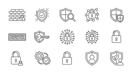 Computer security line editable icon set featuring firewall, antivirus, data encryption, password protection, cyber security, security, and two-factor authentication, representing digital safety and