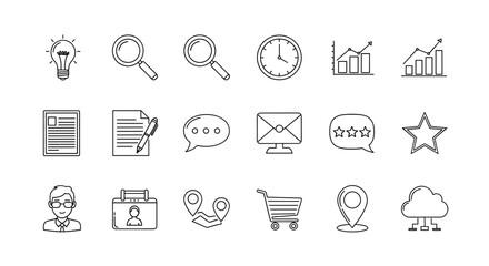Outline sign collection, editable stroke, perfect for infographics, articles, books, flyers, banners, vector cartoon illustration with a white background. Includes icons for idea, search, clock