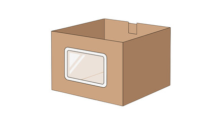 Blank cardboard box with a transparent window, isolated on a white background, perfect for mockups and product presentations, versatile for various design needs, vector illustration, ready for use.