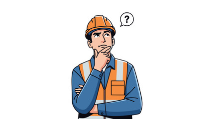 A thoughtful construction worker wearing a blue shirt, orange safety vest, and hard hat, with his hand on his chin, contemplating a question mark floating above his head, rendered in a clean vector