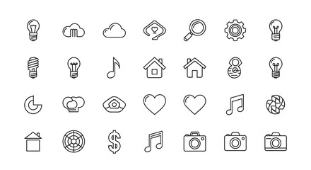 A collection of 24 minimalist line art icons, presented in a clean and organized grid on a white background, featuring diverse symbols like lightbulbs, clouds, search magnifying glass, hearts, music