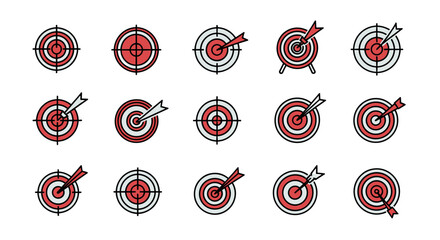 Set of fifteen flat design target icons with arrows, representing focus, accuracy, and achievement, perfect for business, sports, and marketing concepts. These vector illustrations are ideal for web
