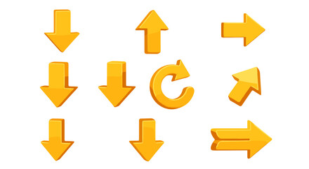 A collection of vibrant, three-dimensional yellow arrow icons isolated on a black background, featuring pointers in various directions including up, down, right, and a circular refresh symbol