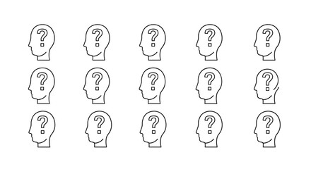 A seamless pattern of stylized human heads in profile, each containing a question mark and a small square inside, rendered in thin white lines against a stark black background, symbolizing confusion