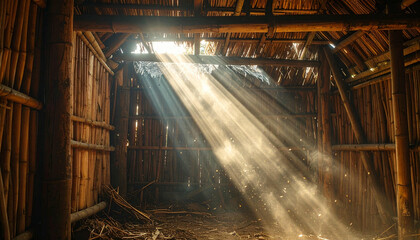 Interior of a rustic wooden structure bathed in sunlight, beams of light streaming through the roof.