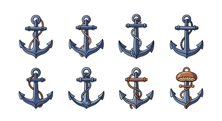 Set of eight stylized nautical anchors in a flat cartoon illustration style, featuring different rope and anchor designs, presented on a clean black background, perfect for maritime and travel-themed