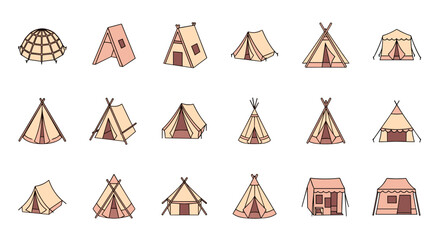 Collection of diverse tent icons in a minimalist line art style, featuring various camping shelters like tipis, domes, and traditional tents, perfect for outdoor adventure, travel, and camping themes