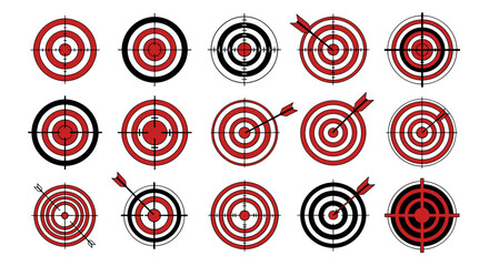 Set of 15 Red Bullseye Targets with Arrows, Vector Cartoon Illustrations, Perfect for Sports, Games, Business Goals, and Precision Concepts, Isolated on Black Background for Versatile Design Use