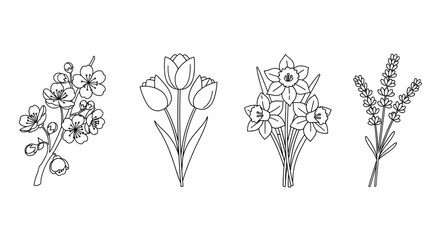 A delicate and elegant collection of spring blossom icons presented in a clean outline style, featuring a blooming cherry blossom branch, a cluster of tulips, a bunch of daffodils, and sprigs of