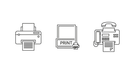 Set of three line art icons representing printing and fax technology, including a printer, a print symbol with text, and a fax machine, all rendered in a clean, white outline style on a black