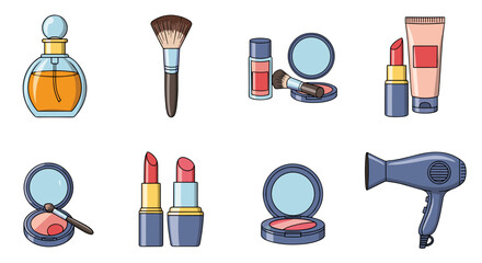A vibrant collection of beauty icons, featuring a perfume bottle, makeup brushes, lipstick, compact powder, foundation tube, and a hairdryer, presented in a clean vector cartoon illustration style