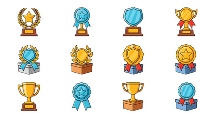 Collection of twelve cartoon award icons, including trophies, medals, and shields, presented on boxes with ribbons and laurel wreaths, isolated on a black background, perfect for web, books, cards
