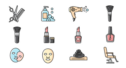 A vibrant collection of beauty salon and hair treatment icons, including scissors, comb, soap dispenser, hairdryer, makeup brushes, lipstick, nail polish, face masks, hot stones, and a barber chair