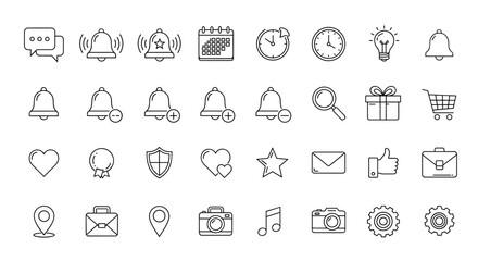 Collection of thin line icons with editable stroke, suitable for web, books, cards, and apps, featuring a bell, calendar, clock, lightbulb, gift, shopping cart, heart, shield, envelope, thumbs up