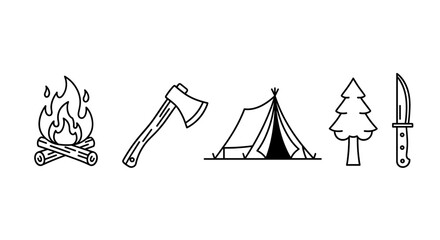 Collection of simple line art icons representing outdoor adventure and camping essentials: a bonfire, an axe, a tent, a tree, and a knife. These editable stroke vector graphics are perfect for