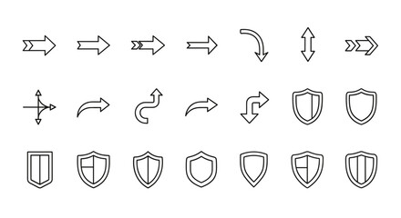 Modern outline style icon set featuring various arrows and shield symbols, perfect for design elements, cards, apps, and social networks. This vector illustration includes directional pointers