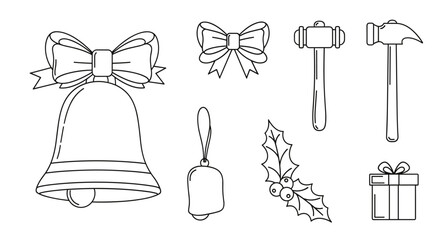 Collection of simple linear outline icons representing festive and construction elements: a large bell with a bow, a smaller hanging bell, two hammers, a sprig of holly with berries, and a gift box
