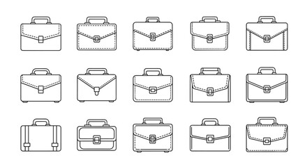 Collection of 15 thin line icons representing briefcases, perfect for web, books, cards, and apps. This editable stroke vector cartoon illustration features a white background, offering versatile
