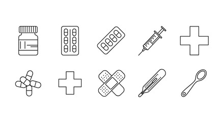 Collection of simple line icons representing medical supplies and healthcare symbols, including a medicine bottle, blister packs of pills, capsules, a syringe, a thermometer, bandages, a spoon, and