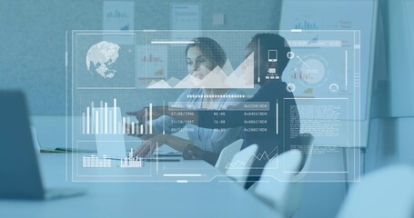 Pointing women in business clothes analyzing laptop charts in meeting room, digital overlay