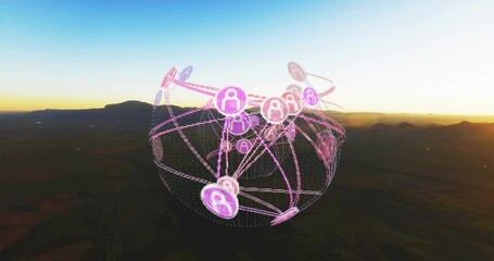 Hovering digital network sphere glowing above desert terrain, with lines, data markers, user icons