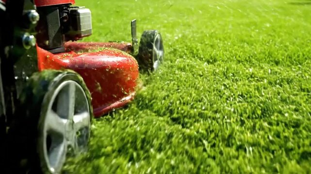 Lawn mowing demonstration residential backyard video content bright daylight close-up view garden maintenance tips