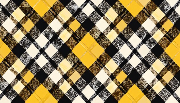 A diagonally-oriented, textured pattern with a plaid design. The color scheme is a mix of yellow, black, and off-white