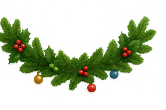 Christmas garland decoration with fir branches, holly berries, and colorful ornaments on transparent background