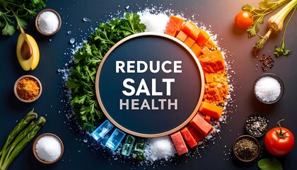 Round chalkboard with "Reduce Salt Health" text, surrounded by colorful ingredients and spices, highlighting a healthy diet