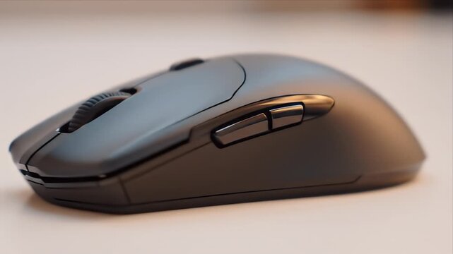 Close-up of a sleek, dark wireless computer mouse on a light desk