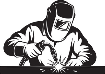 Black and white silhouette illustration of a welder working on metal with sparks welding