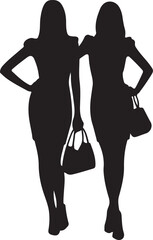 Black and white silhouette illustration of two women standing with handbags female