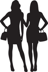 Black and white silhouette illustration of two women standing with handbags female 1