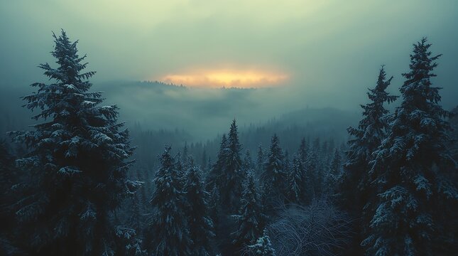 Misty winter forest at sunrise with glowing sky above trees