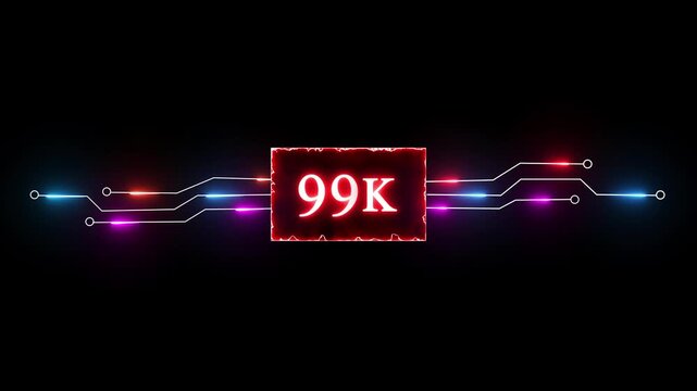 Neon 99K followers and subscriber animation. Promotion social media content, digital marketing, like, share and views.