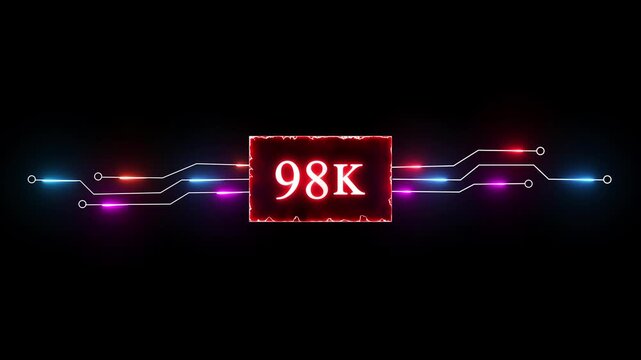 Neon 98K followers and subscriber animation. Promotion social media content, digital marketing, like, share and views.