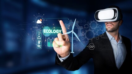 A man engages with a virtual reality headset, exploring ecological ideas and sustainable energy solutions in a futuristic digital space, highlighting innovation in technology. Raster