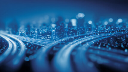 Multiple data routes converge toward a city representing cloud migration network architecture and scalable throughput.
