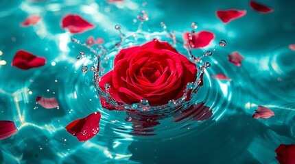 Red rose and petals falling into turquoise water with splash