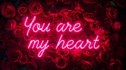 Romantic neon sign saying you are my heart surrounded by red roses