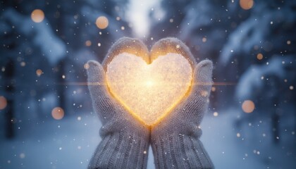 Gloved hands hold a glowing heart of snow under falling snowflakes in a magical winter forest, symbolizing love and warmth.
