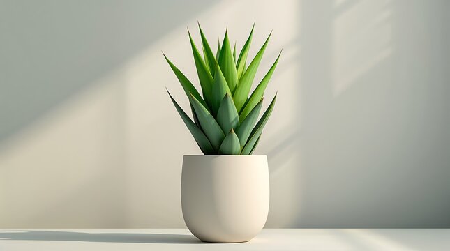Potted green succulent plant casting shadows on a textured wall