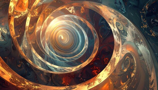 A mesmerizing fractal spiral of luminous gold and amber tones, transitioning to deep blues. A radiant center pulls the eye in - Powered by Adobe