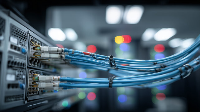 High density patch cords linked to server modules, symbolizing reliable network connections, rapid data flow and scalable infrastructure.
