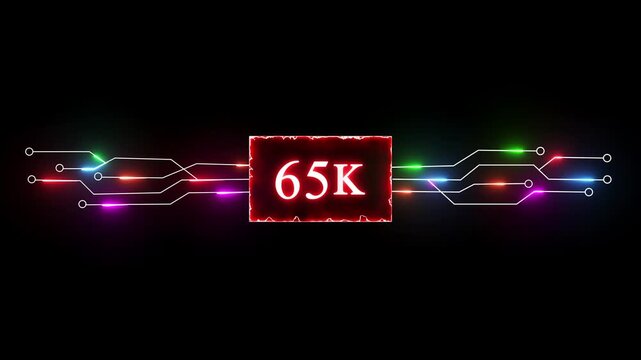 Neon 65K followers and subscriber animation. Promotion social media content, digital marketing, like, share and views.